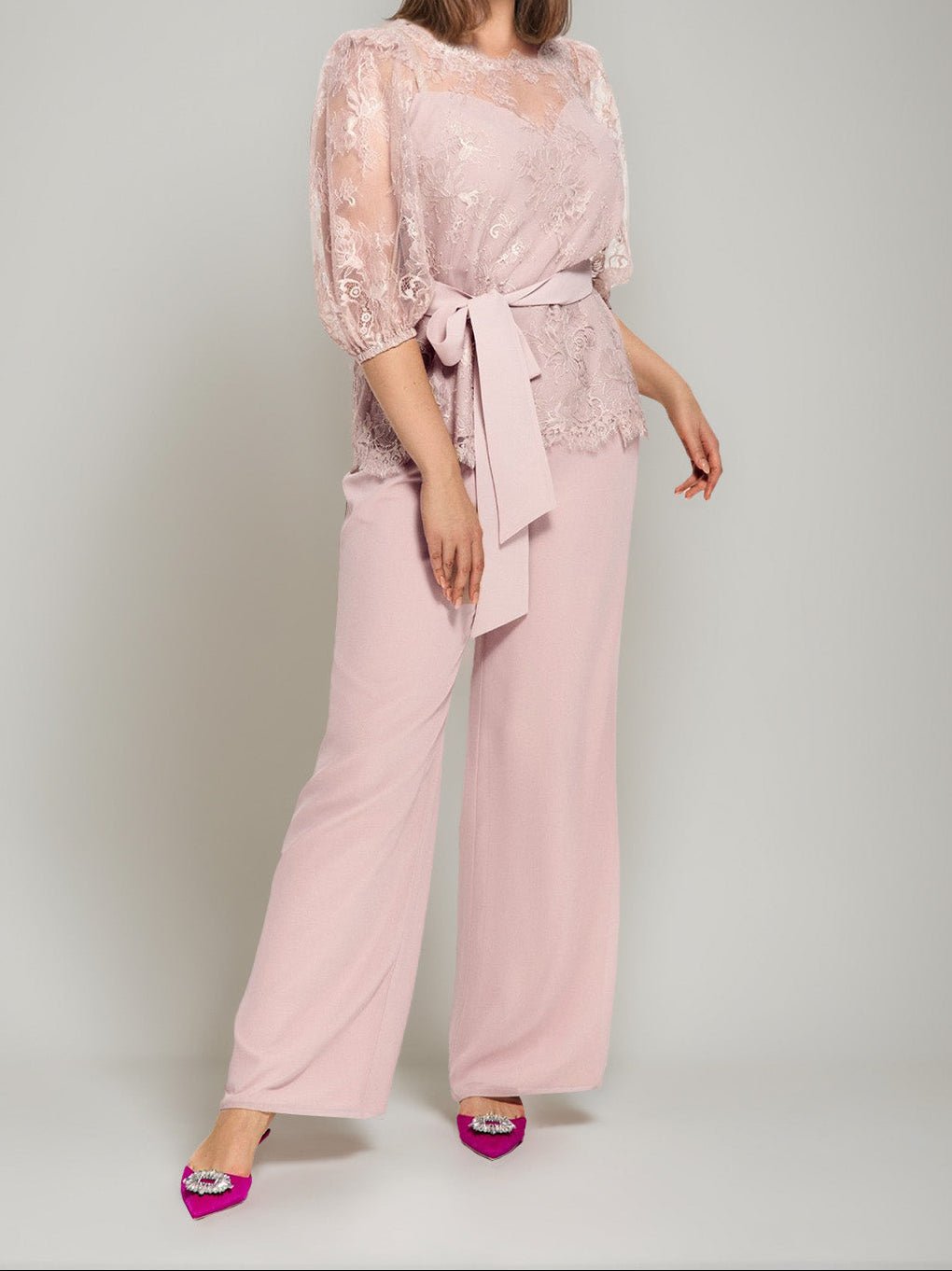 2 Pieces Round Neck Plus Size Half Sleeves Mother of the Bride Paintsuits with Lace & Sash