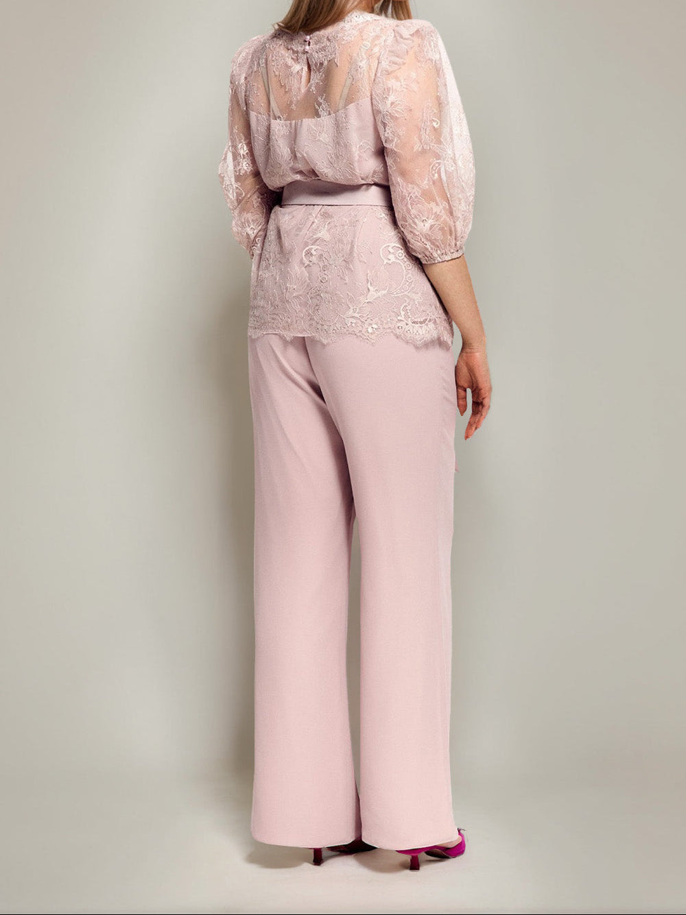 2 Pieces Round Neck Plus Size Half Sleeves Mother of the Bride Paintsuits with Lace & Sash