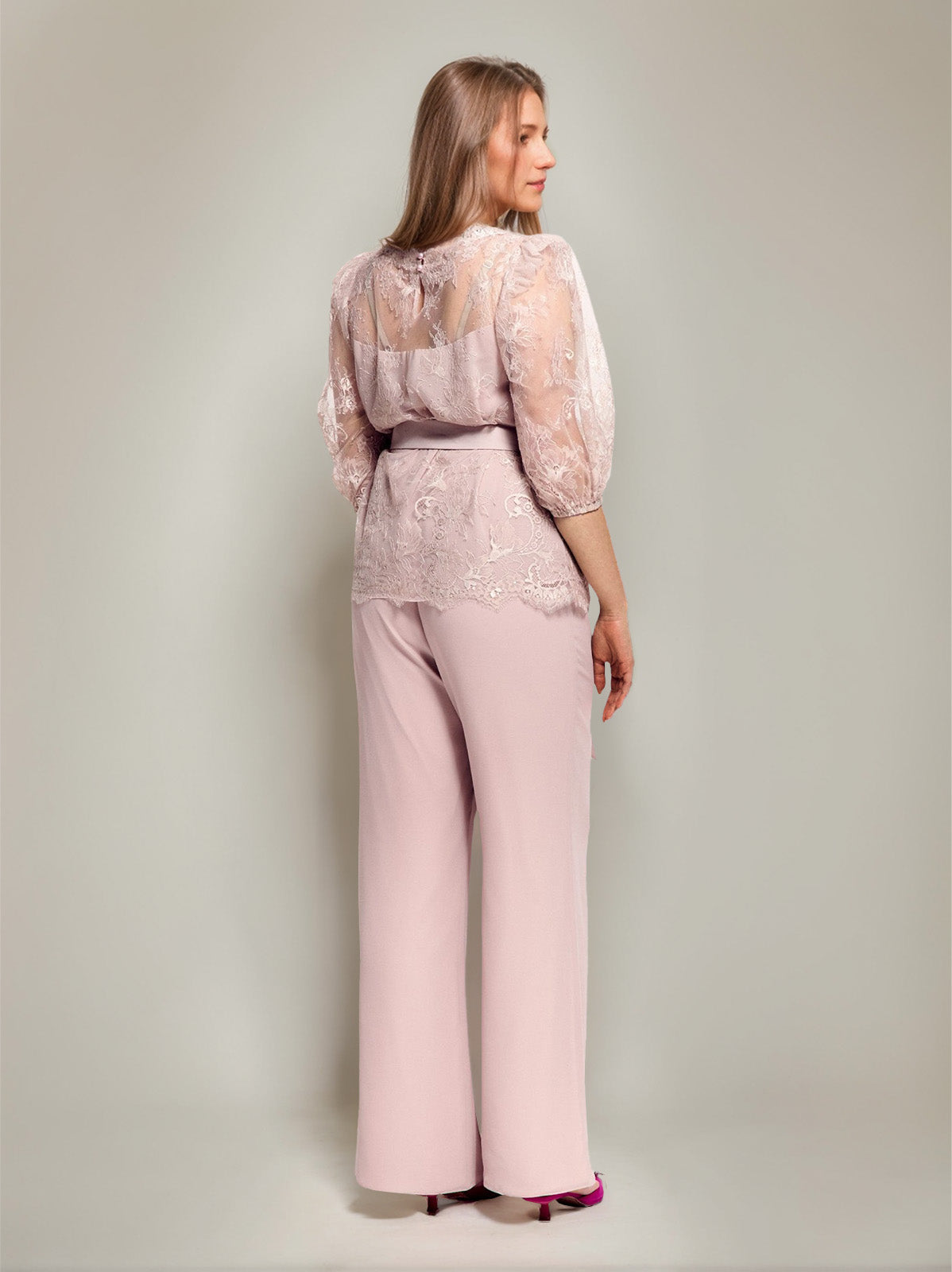 2 Pieces Round Neck Plus Size Half Sleeves Mother of the Bride Paintsuits with Lace & Sash