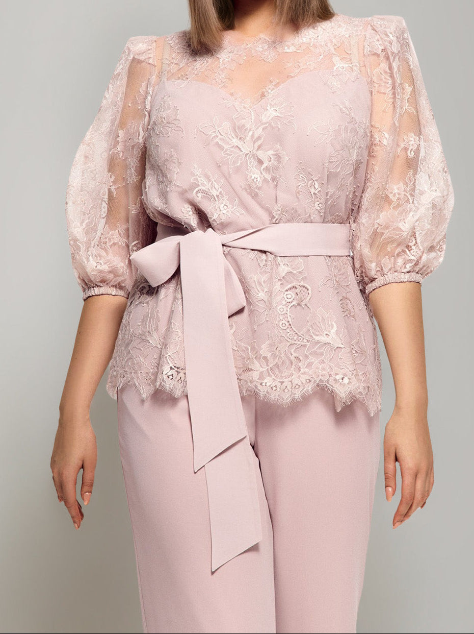 2 Pieces Round Neck Plus Size Half Sleeves Mother of the Bride Paintsuits with Lace & Sash