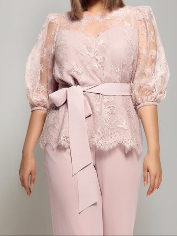 2 Pieces Round Neck Plus Size Half Sleeves Mother of the Bride Paintsuits with Lace & Sash