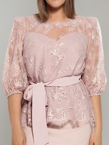 2 Pieces Round Neck Plus Size Half Sleeves Pencil Skirt Mother of the Bride Dresses with Lace & Sash