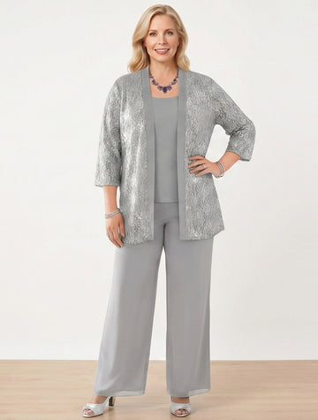 3 Pieces Scoop Neck 3/4 Sleeves Plus Size Mother of the Bride Pantsuits with Lace & Sequins & Jacket Ankle-Length
