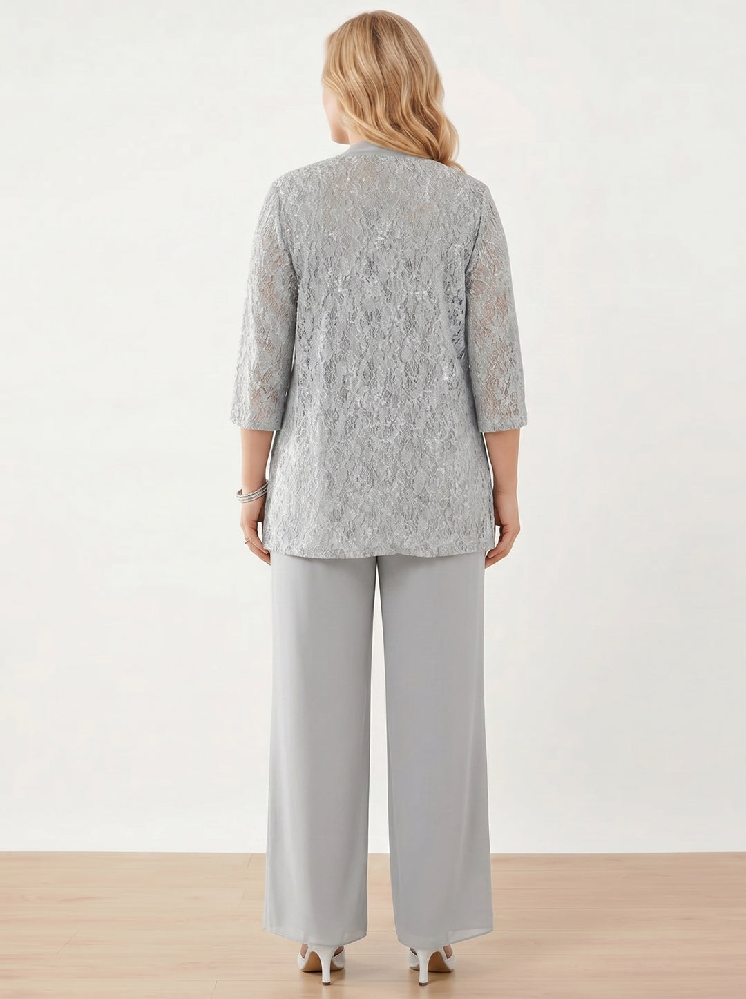 3 Pieces Scoop Neck 3/4 Sleeves Plus Size Mother of the Bride Pantsuits with Lace & Sequins & Jacket Ankle-Length