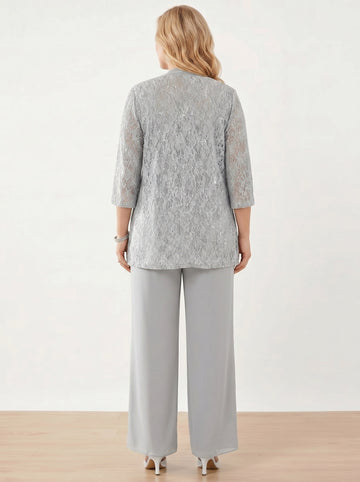 3 Pieces Scoop Neck 3/4 Sleeves Plus Size Mother of the Bride Pantsuits with Lace & Sequins & Jacket Ankle-Length