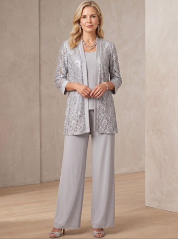 3 Pieces Scoop Neck 3/4 Sleeves Ankle-Length Mother of the Bride Pantsuits with Lace & Sequins & Jacket