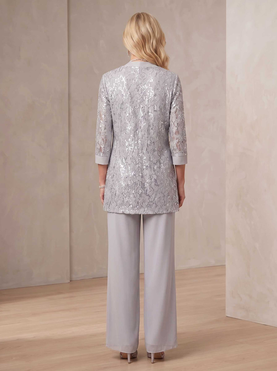 3 Pieces Scoop Neck 3/4 Sleeves Ankle-Length Mother of the Bride Pantsuits with Lace & Sequins & Jacket