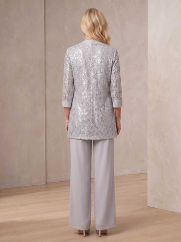 3 Pieces Scoop Neck 3/4 Sleeves Ankle-Length Mother of the Bride Pantsuits with Lace & Sequins & Jacket
