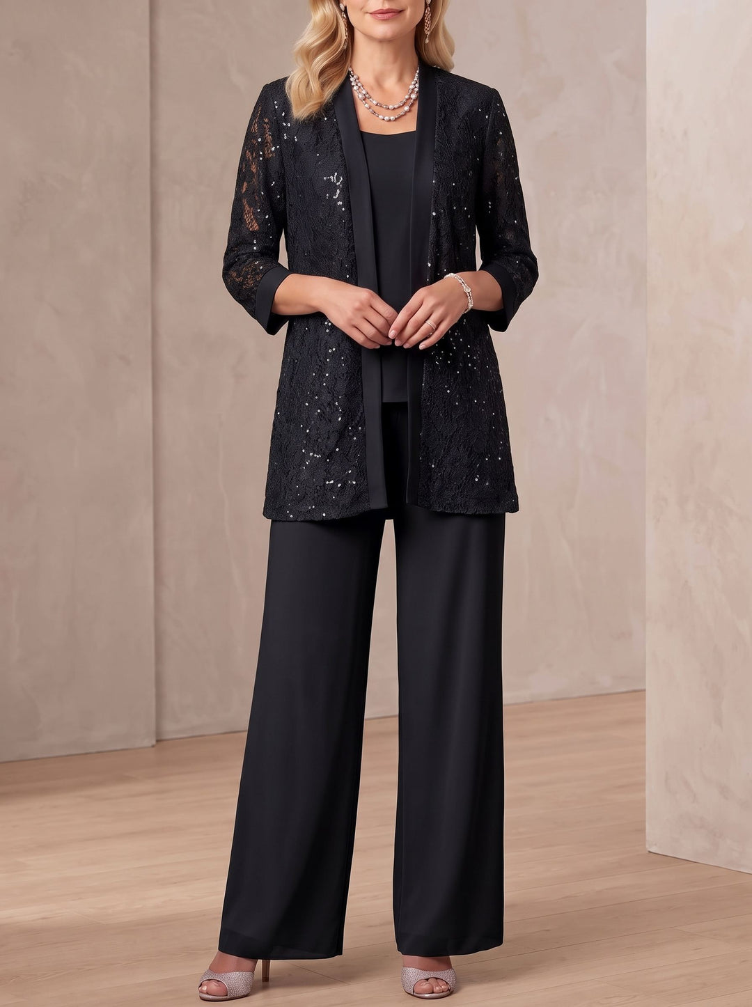 3 Pieces Scoop Neck 3/4 Sleeves Ankle-Length Mother of the Bride Pantsuits with Lace & Sequins & Jacket