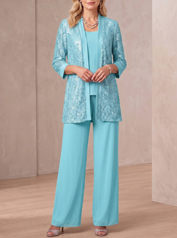 3 Pieces Scoop Neck 3/4 Sleeves Ankle-Length Mother of the Bride Pantsuits with Lace & Sequins & Jacket
