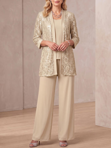 3 Pieces Scoop Neck 3/4 Sleeves Ankle-Length Mother of the Bride Pantsuits with Lace & Sequins & Jacket
