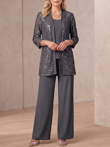 3 Pieces Scoop Neck 3/4 Sleeves Ankle-Length Mother of the Bride Pantsuits with Lace & Sequins & Jacket