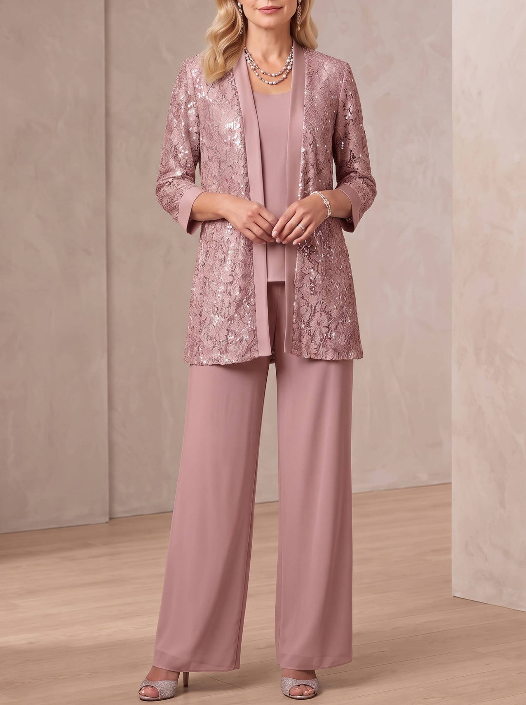 3 Pieces Scoop Neck 3/4 Sleeves Ankle-Length Mother of the Bride Pantsuits with Lace & Sequins & Jacket