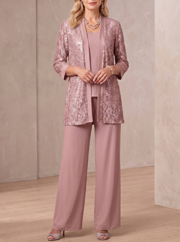3 Pieces Scoop Neck 3/4 Sleeves Ankle-Length Mother of the Bride Pantsuits with Lace & Sequins & Jacket
