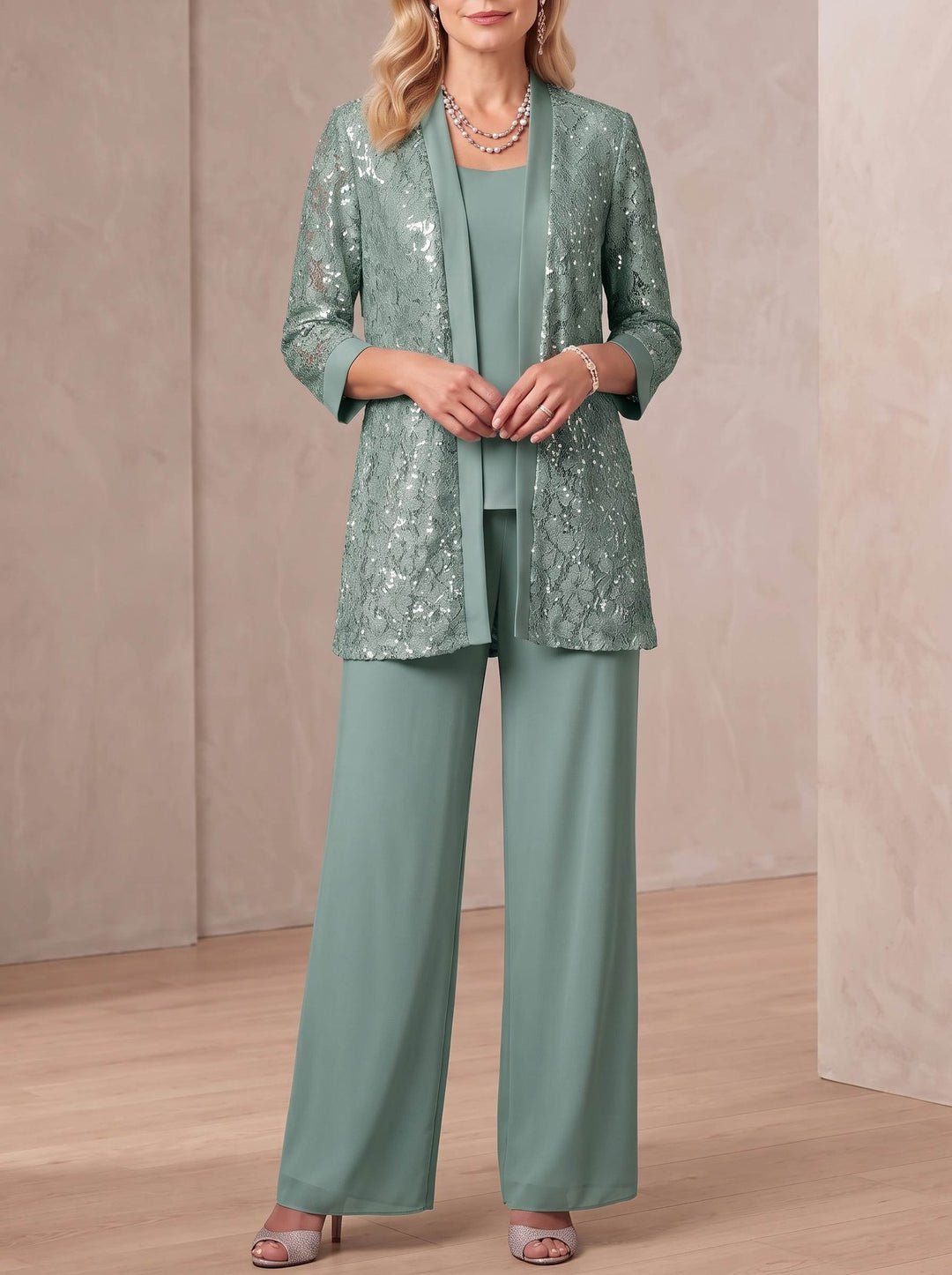 3 Pieces Scoop Neck 3/4 Sleeves Ankle-Length Mother of the Bride Pantsuits with Lace & Sequins & Jacket