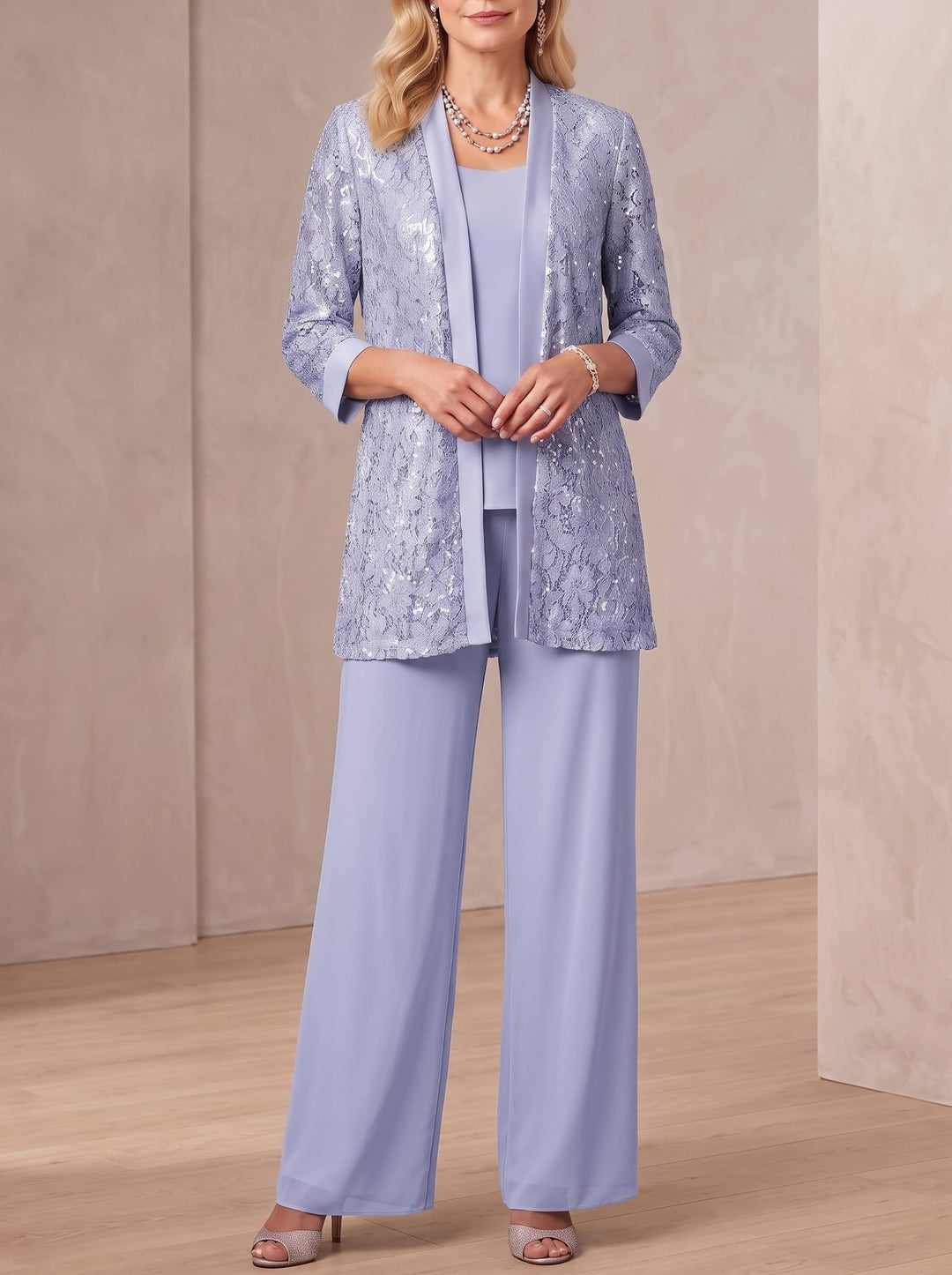 3 Pieces Scoop Neck 3/4 Sleeves Ankle-Length Mother of the Bride Pantsuits with Lace & Sequins & Jacket