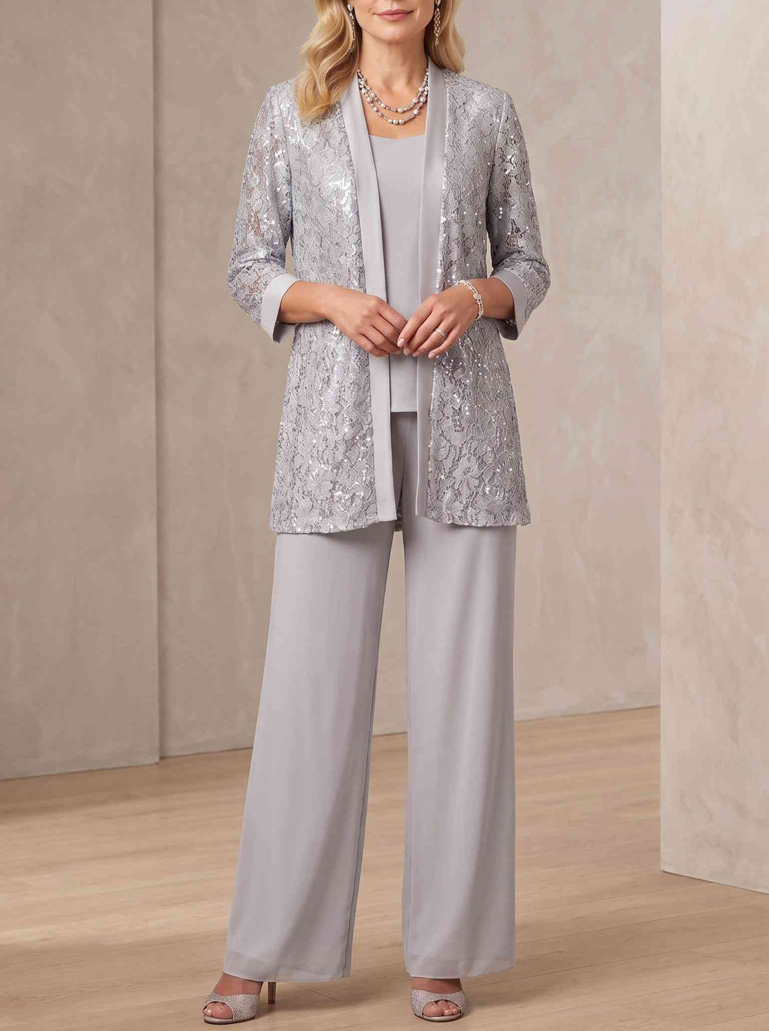 3 Pieces Scoop Neck 3/4 Sleeves Ankle-Length Mother of the Bride Pantsuits with Lace & Sequins & Jacket