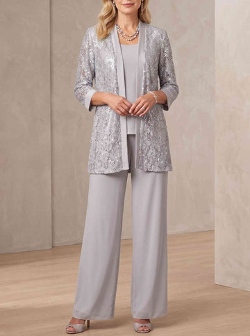 3 Pieces Scoop Neck 3/4 Sleeves Ankle-Length Mother of the Bride Pantsuits with Lace & Sequins & Jacket