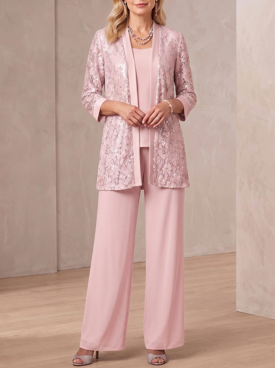 3 Pieces Scoop Neck 3/4 Sleeves Ankle-Length Mother of the Bride Pantsuits with Lace & Sequins & Jacket