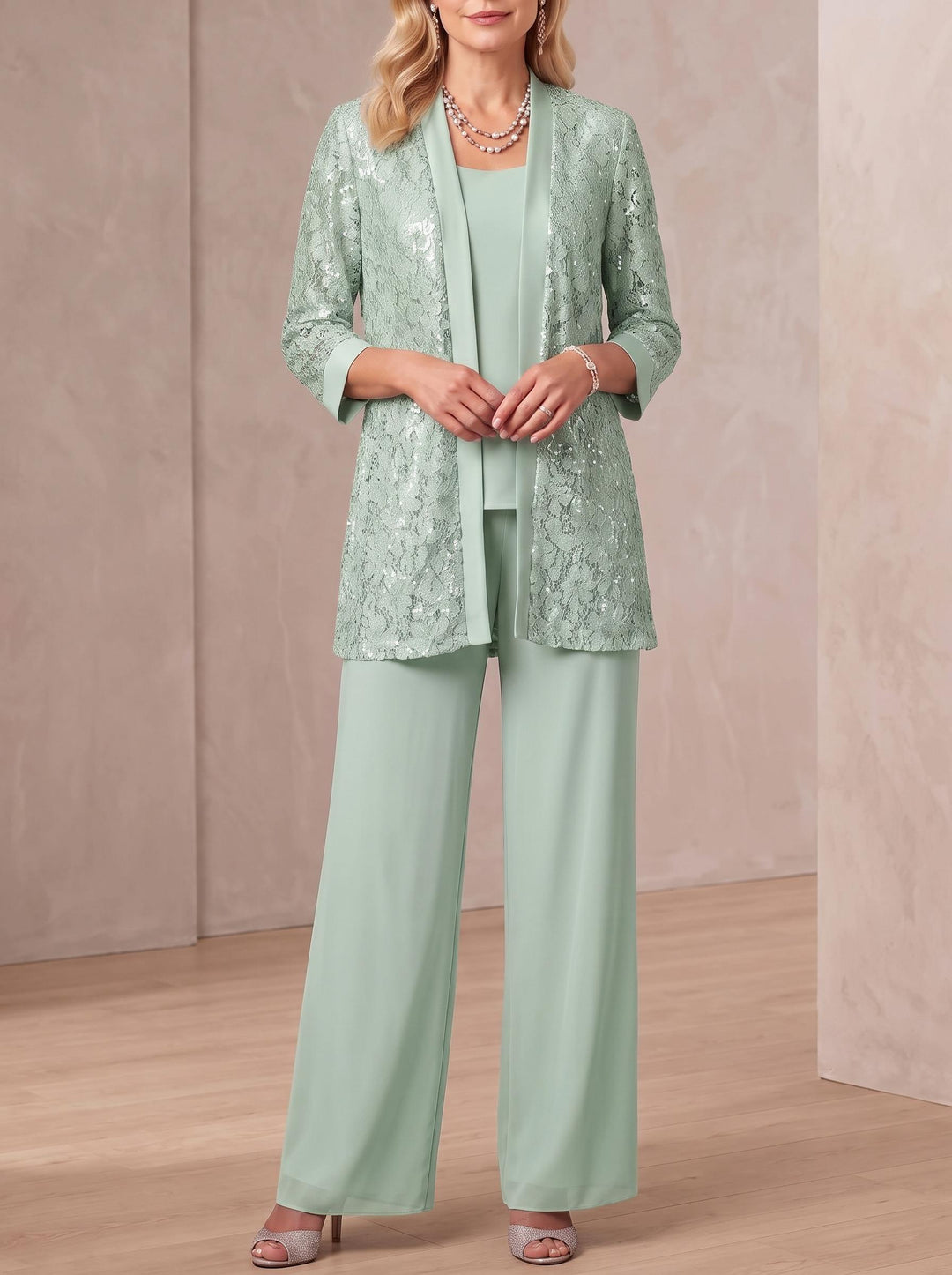 3 Pieces Scoop Neck 3/4 Sleeves Ankle-Length Mother of the Bride Pantsuits with Lace & Sequins & Jacket