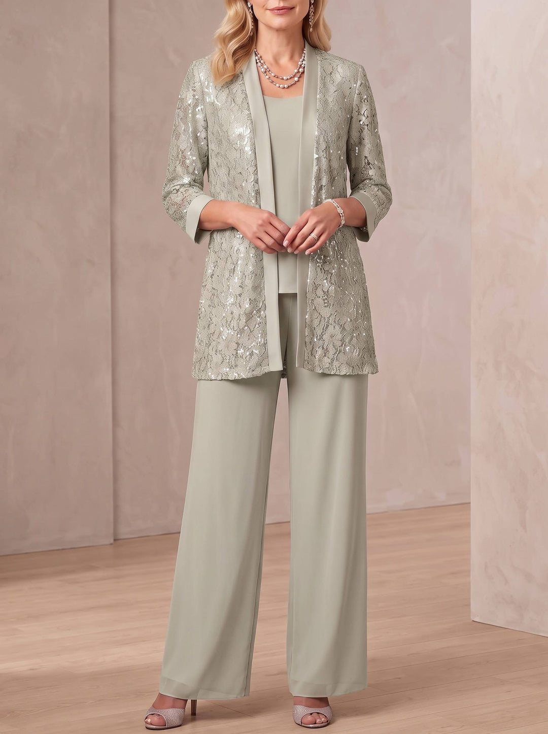 3 Pieces Scoop Neck 3/4 Sleeves Ankle-Length Mother of the Bride Pantsuits with Lace & Sequins & Jacket