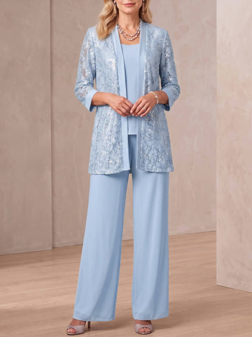 3 Pieces Scoop Neck 3/4 Sleeves Ankle-Length Mother of the Bride Pantsuits with Lace & Sequins & Jacket
