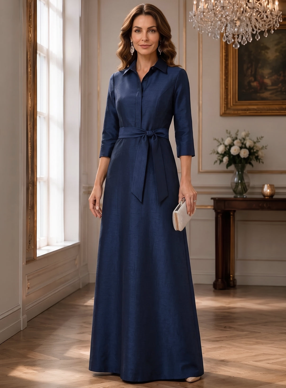 A-Line Shirt Collar Mother of the Bride Dresses Satin Long Sleeves Floor-Length Wedding Guest with Knot Bow