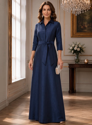 A-Line Shirt Collar Mother of the Bride Dresses Satin Long Sleeves Floor-Length Wedding Guest with Knot Bow
