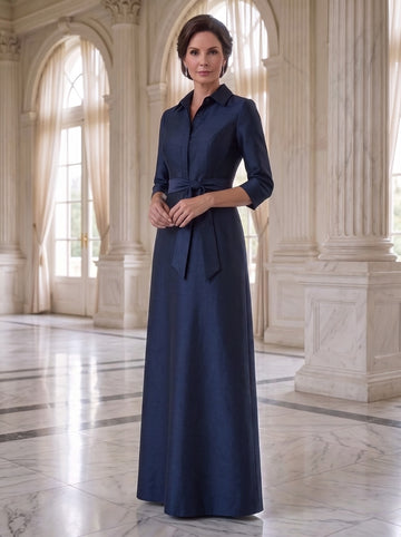 A-Line Shirt Collar Mother of the Bride Dresses Satin Long Sleeves Floor-Length Wedding Guest with Knot Bow