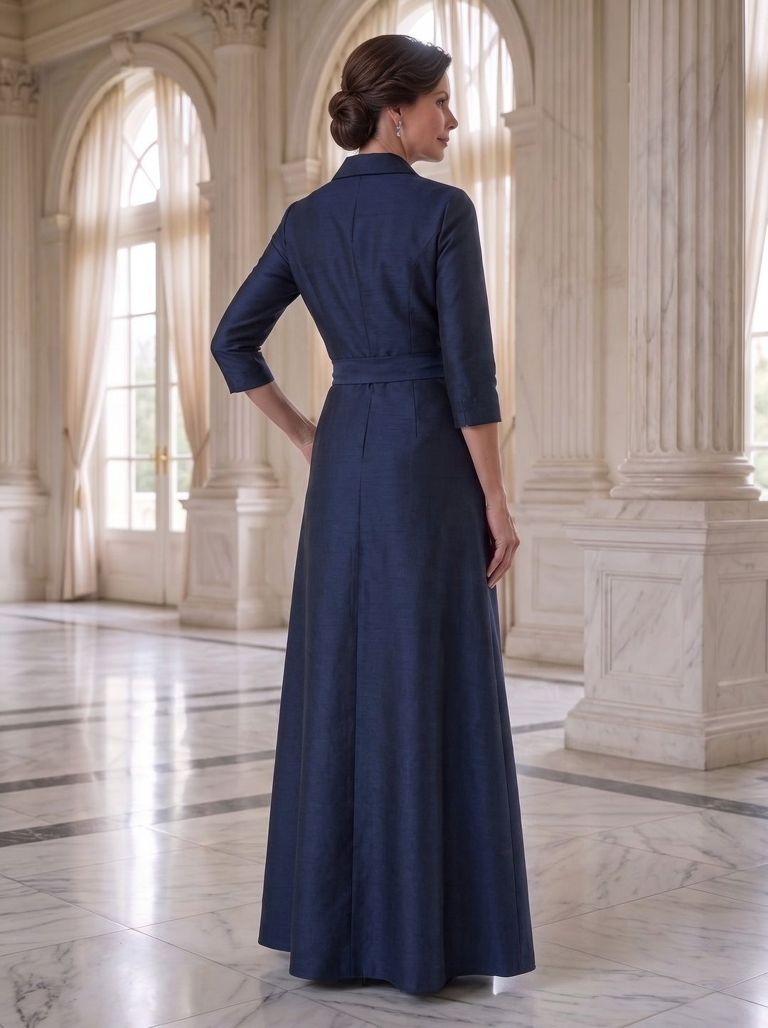 A-Line Shirt Collar Mother of the Bride Dresses Satin Long Sleeves Floor-Length Wedding Guest with Knot Bow