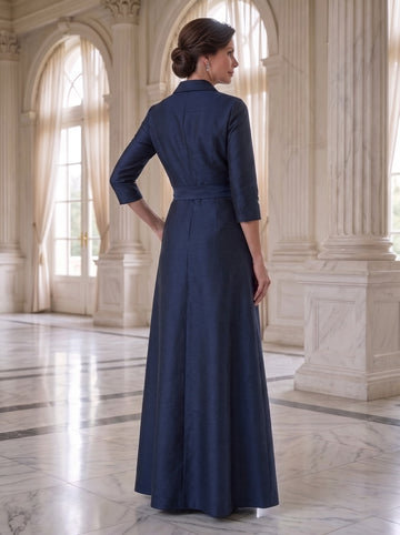 A-Line Shirt Collar Mother of the Bride Dresses Satin Long Sleeves Floor-Length Wedding Guest with Knot Bow