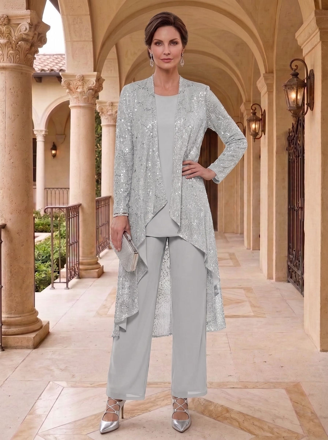 silver chiffon mother of the bride pantsuit with sequins