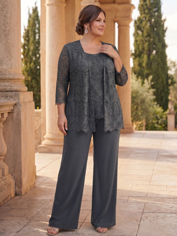 Chiffon Lace Scoop Plus Size Mother of the Bride Pantsuits with Jacket 3/4 Sleeves Ankle-Length