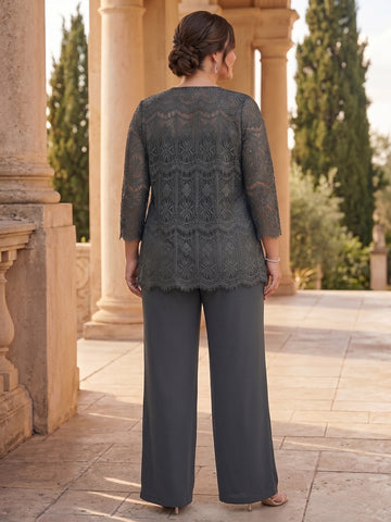 Chiffon Lace Scoop Plus Size Mother of the Bride Pantsuits with Jacket 3/4 Sleeves Ankle-Length