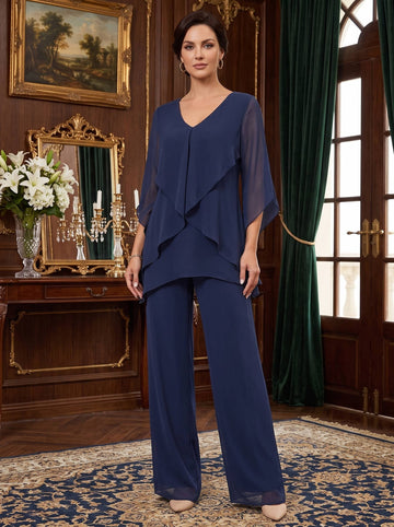 Chiffon V-Neck Half Sleeves Mother of the Bride Pantsuits with Ruffles Ankle-Length