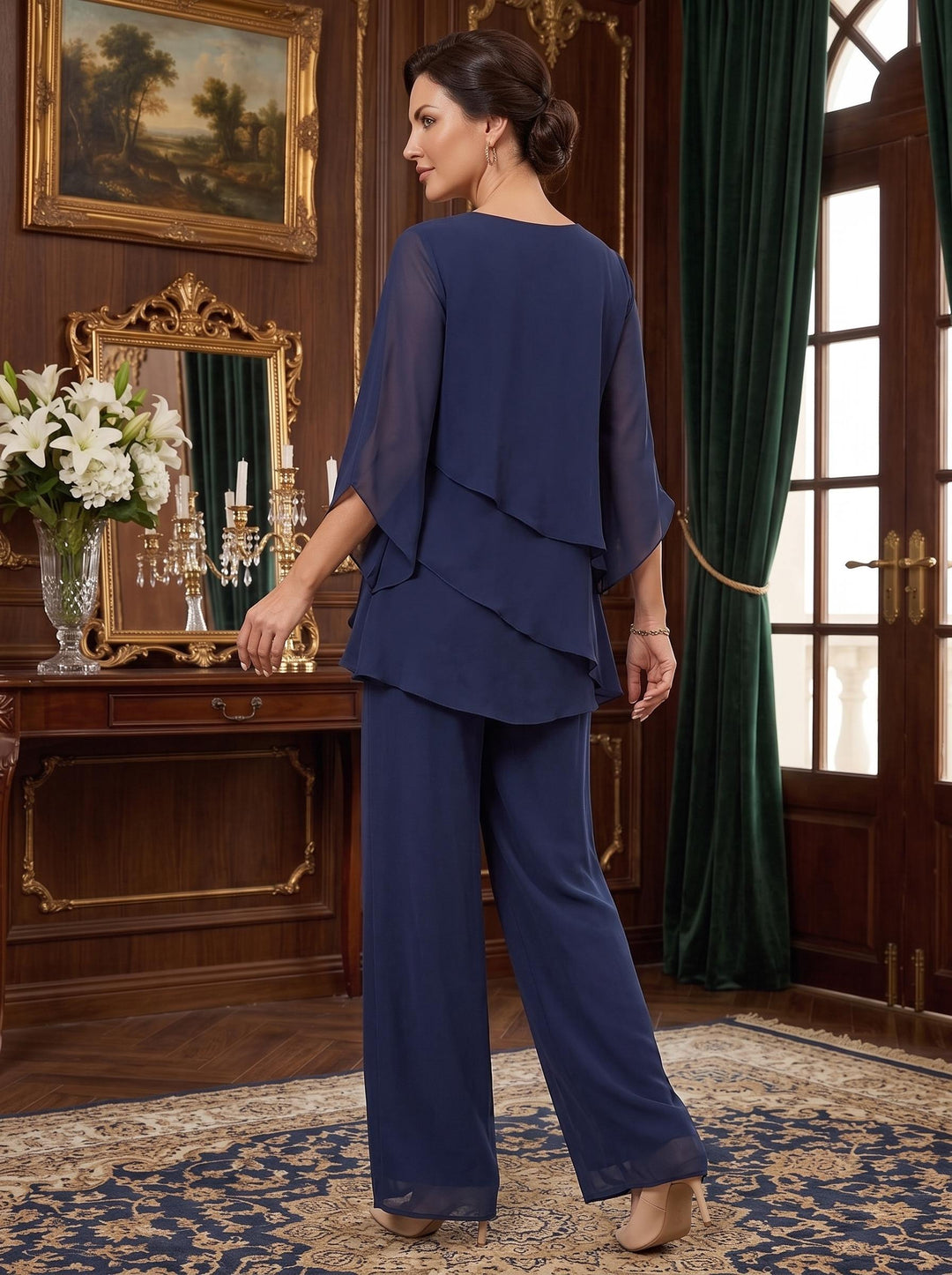 Chiffon V-Neck Half Sleeves Mother of the Bride Pantsuits with Ruffles Ankle-Length