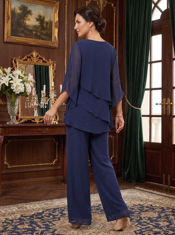 Chiffon V-Neck Half Sleeves Mother of the Bride Pantsuits with Ruffles Ankle-Length