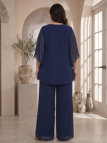 2 Pieces Chiffon V-Neck Plus Size Mother of the Bride Pantsuits with Ruffles Half Sleeves Ankle-Length