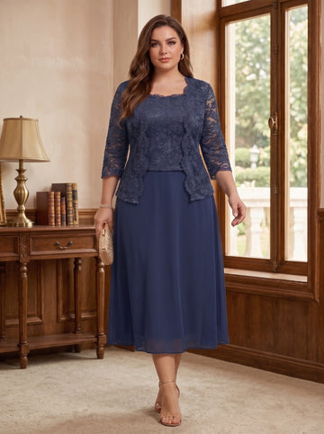 A-Line/Princess Half Sleeves Tea-Length Plus Size Mother of the Bride Dresses with Jacket Lace