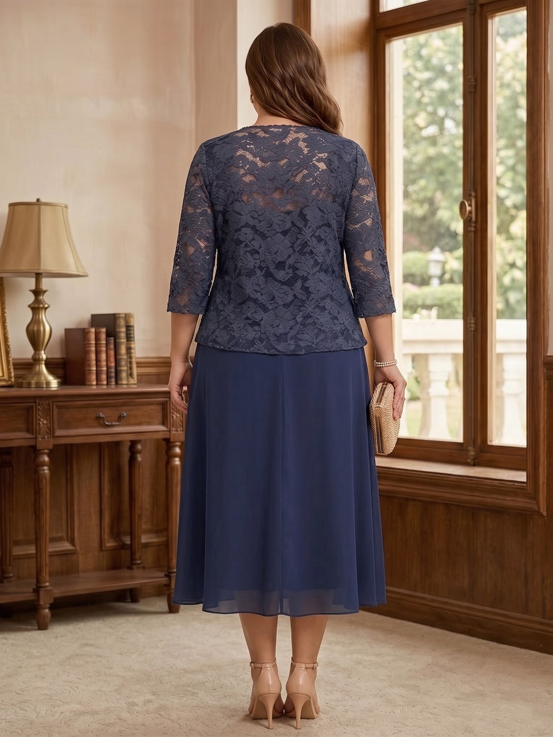 A-Line/Princess Half Sleeves Tea-Length Plus Size Mother of the Bride Dresses with Jacket Lace