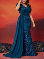 Sheath/Column Short Sleeves V-Neck Plus Size Mother of the Bride Dresses Sequins Floor-Length