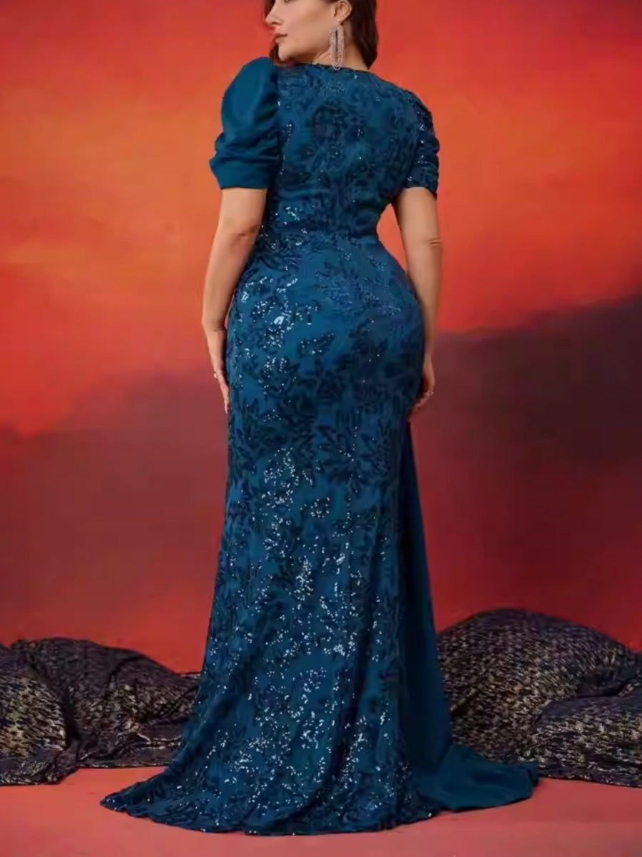 Sheath/Column Short Sleeves V-Neck Plus Size Mother of the Bride Dresses Sequins Floor-Length