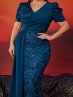 Sheath/Column Short Sleeves V-Neck Plus Size Mother of the Bride Dresses Sequins Floor-Length