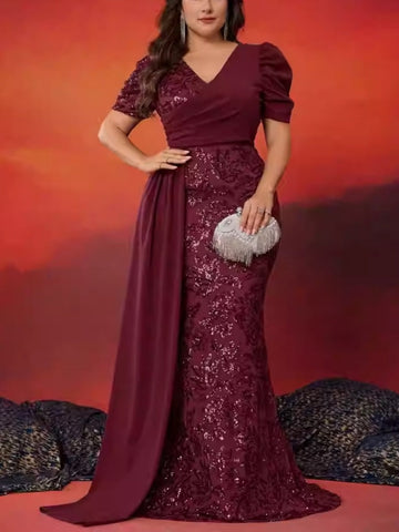 Sheath/Column Short Sleeves V-Neck Plus Size Mother of the Bride Dresses Sequins Floor-Length