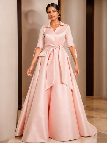 A-Line/Princess Half Sleeves V-Neck Floor-Length Plus Size Mother of the Bride Dresses with Sash