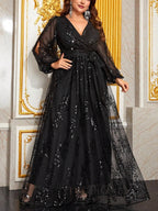 A-Line/Princess Sequins V-Neck Plus Size Mother of the Bride Dresses with Knot Bow Long Sleeves Floor-Length