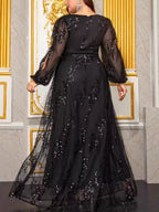 A-Line/Princess Sequins V-Neck Plus Size Mother of the Bride Dresses with Knot Bow Long Sleeves Floor-Length