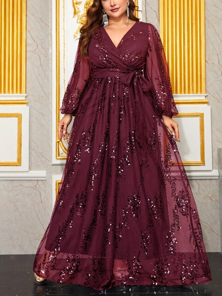 A-Line/Princess Sequins V-Neck Plus Size Mother of the Bride Dresses with Knot Bow Long Sleeves Floor-Length