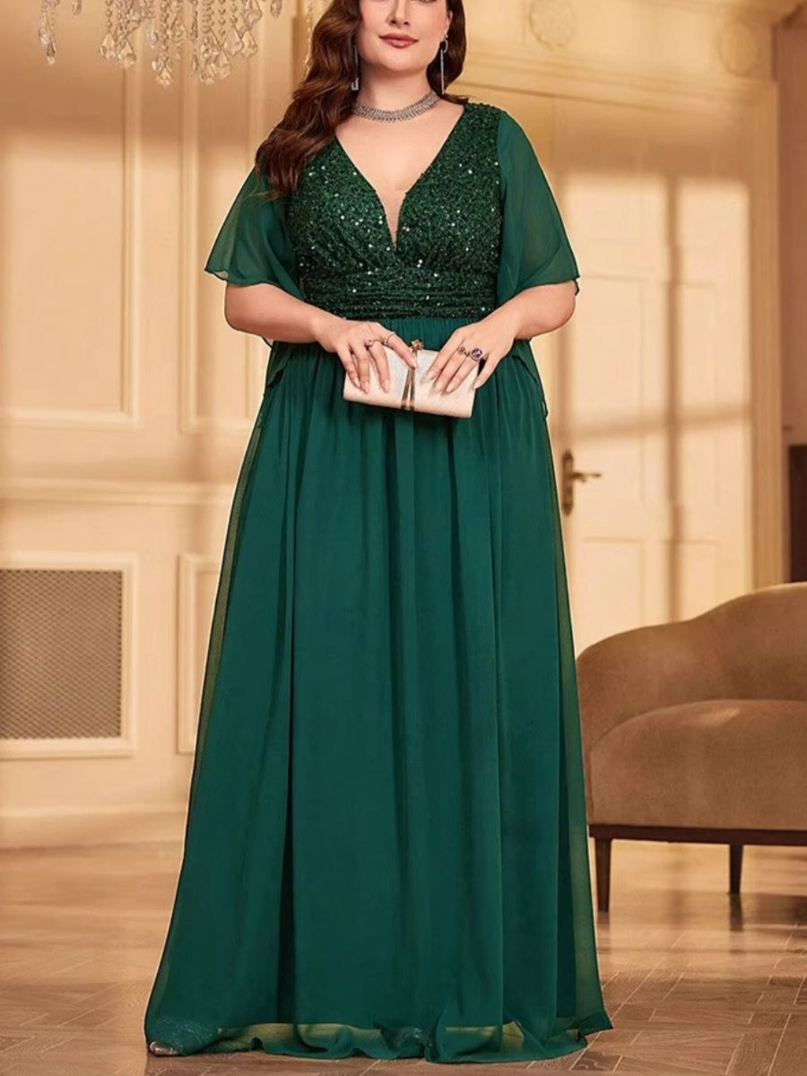 A-Line/Princess Chiffon Short Sleeves V-Neck Plus Size Mother of the Bride Dresses Sequins Floor-Length