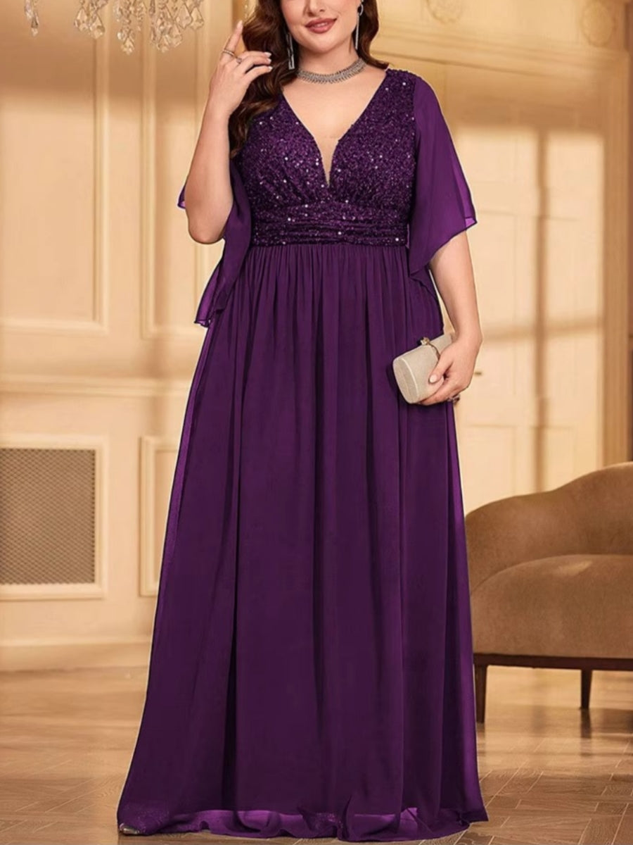 A-Line/Princess Chiffon Short Sleeves V-Neck Plus Size Mother of the Bride Dresses Sequins Floor-Length